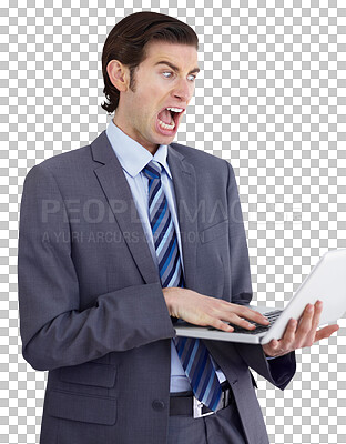 Buy stock photo Business, stress and man screaming at laptop, email or tax, audit or notification on isolated, transparent or png background. Wtf, news and entrepreneur with online glitch, 404 or social media hacker