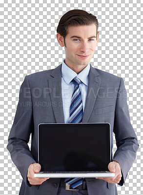 Buy stock photo Businessman, portrait and laptop for confident by screen, technology and career pride with monitor. Person, smile face and corporate professional by startup and isolated on transparent png background