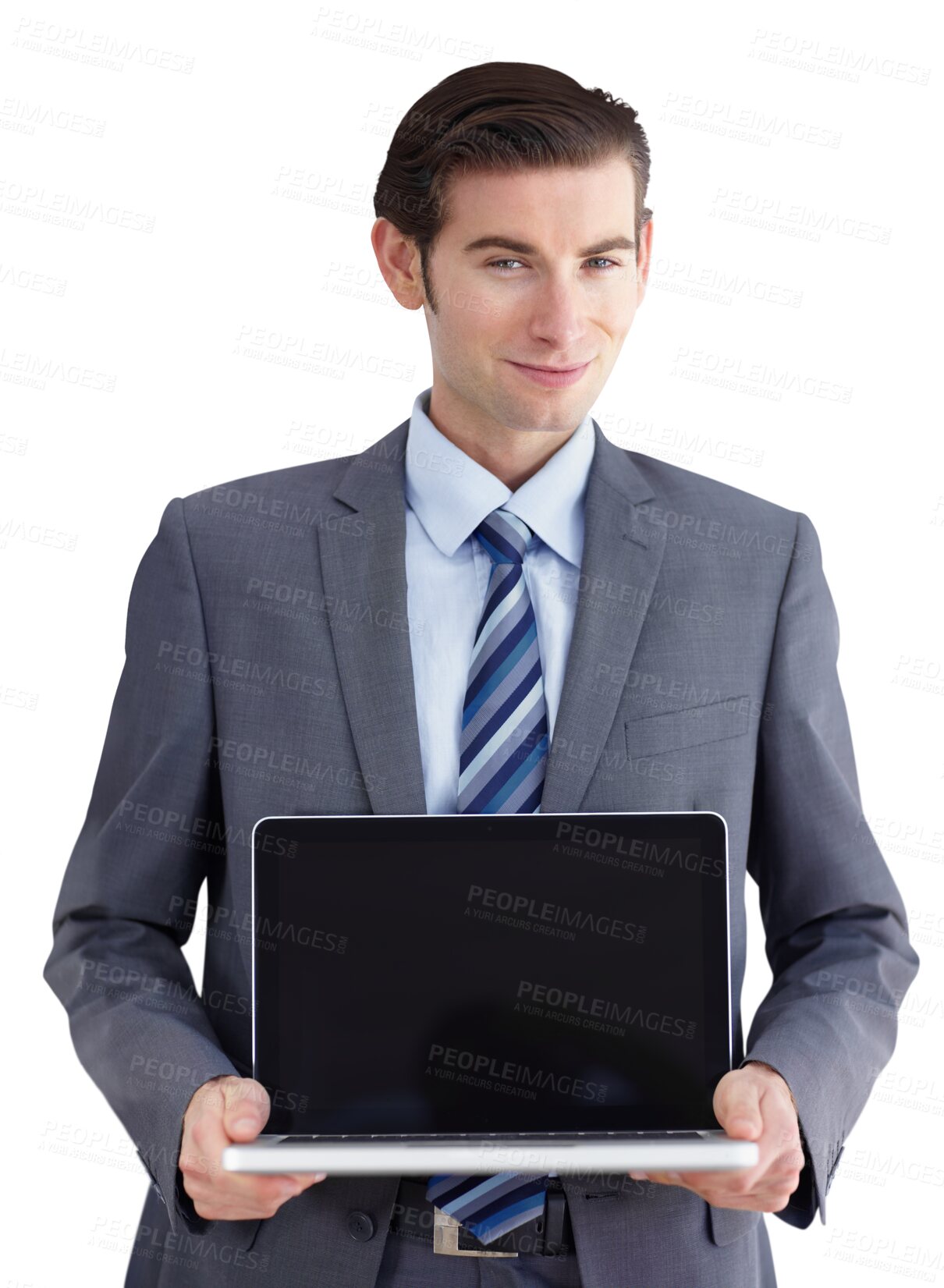 Buy stock photo Businessman, portrait and laptop for confident by screen, technology and career pride with monitor. Person, smile face and corporate professional by startup and isolated on transparent png background