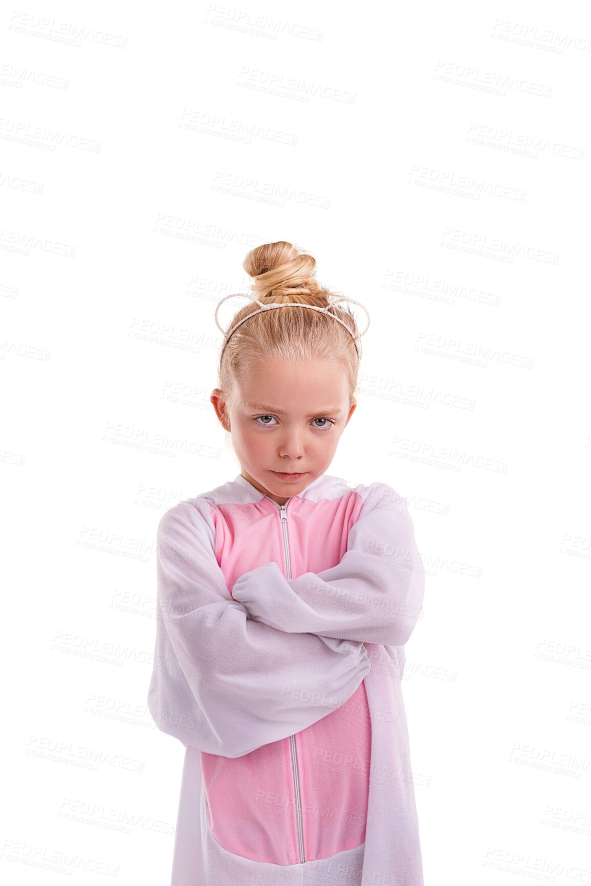 Buy stock photo Kid, girl and angry with portrait, thinking and upset person isolated on a transparent background. Child, face or model with conflict, reaction or emotion with facial expression, arms crossed or png