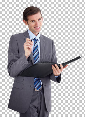 Buy stock photo Businessman, portrait and pen with happy entrepreneur, excited and folder with signature for contract. Person, smile face or corporate salesman in startup or isolated on transparent png background