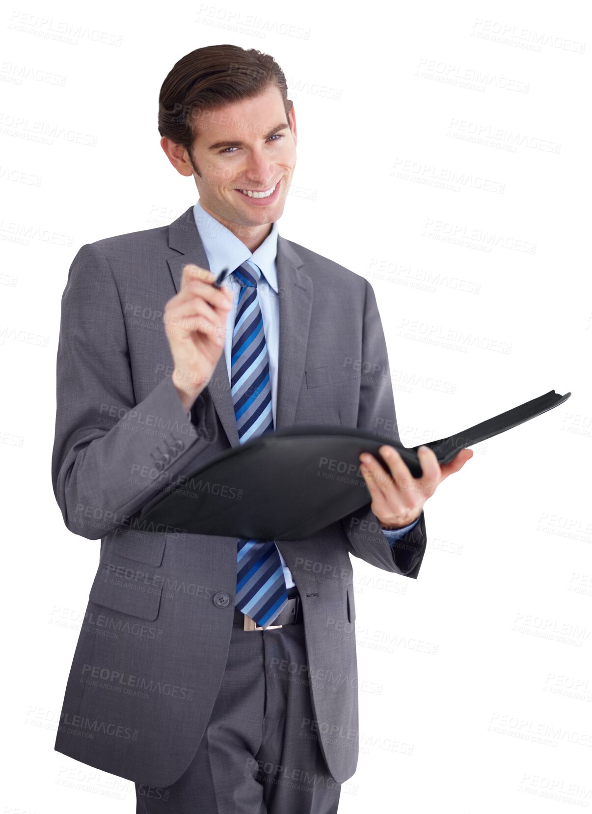 Buy stock photo Businessman, portrait and pen with happy entrepreneur, excited and folder with signature for contract. Person, smile face or corporate salesman in startup or isolated on transparent png background