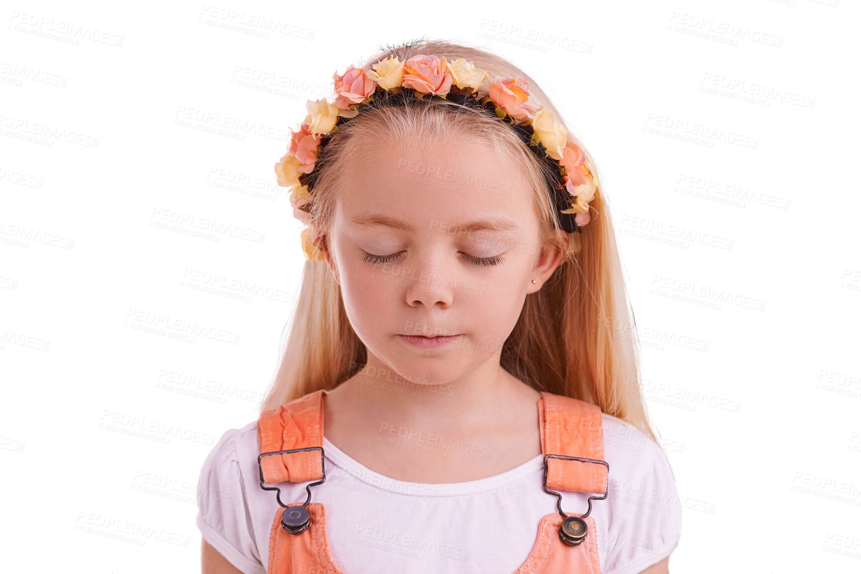 Buy stock photo Calm little girl, flower crown and fashion in relax, style or peace isolated on a transparent PNG background. Young female person, child or kid with closed eyes wearing colorful floral hair band