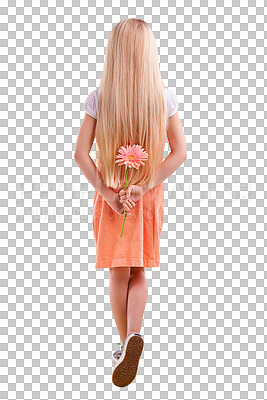 Buy stock photo Fashion, casual and back of girl with flower for surprise, gift or present for love or valentines day. Cute, model and young child or kid with pink floral plant isolated by transparent png background