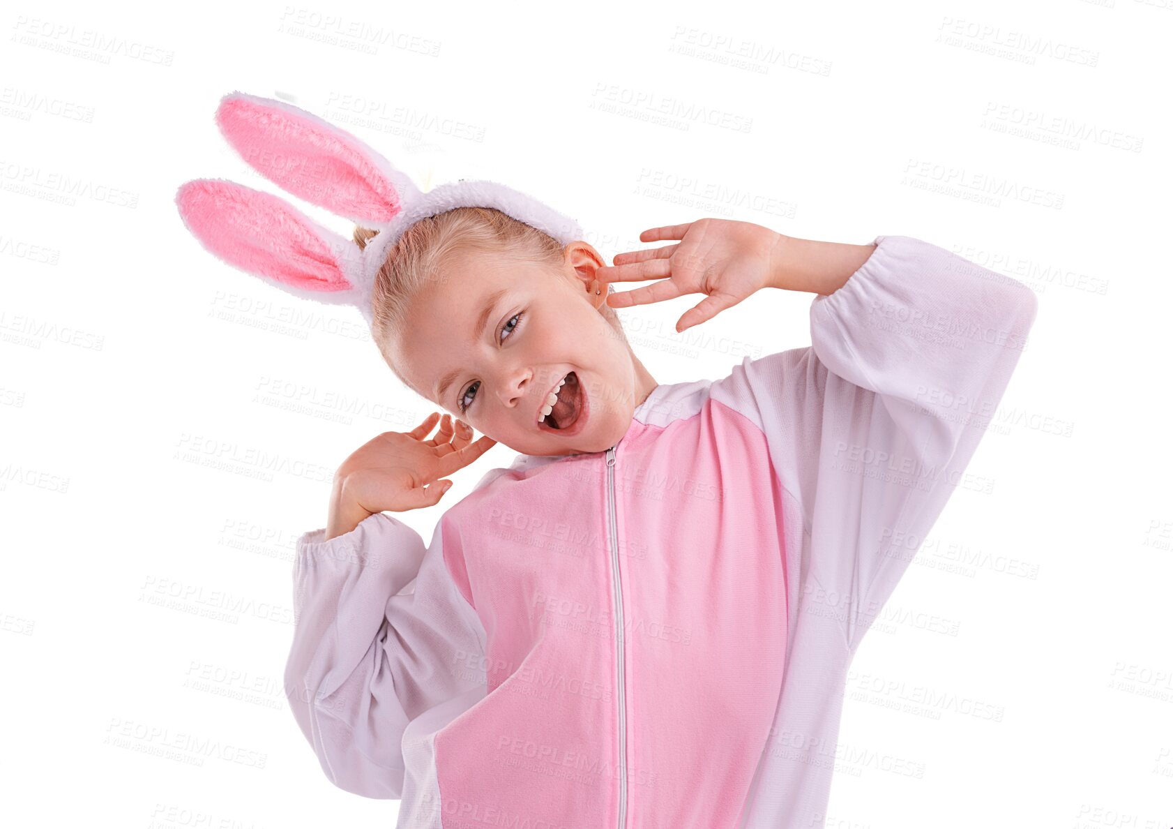 Buy stock photo Bunny, outfit and girl child portrait with costume on isolated, transparent or png background. Rabbit, freedom and face of cute kid with clothing for halloween, easter or theme birthday party 