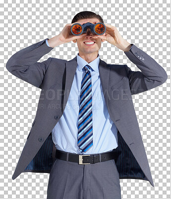 Buy stock photo Binoculars, opportunity and search for business man with working, smile and investigation. Future, searching or happy businessman with investigate gear isolated on a transparent, png background