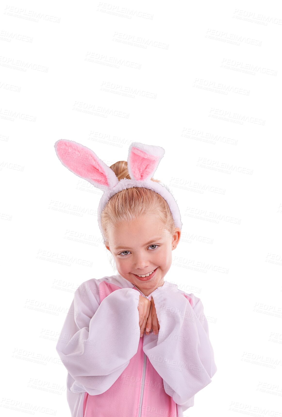 Buy stock photo Bunny, portrait and girl child with funny costume on isolated, transparent or png background. Rabbit, outfit and face of playful kid with cute clothing for halloween, easter or theme birthday party 