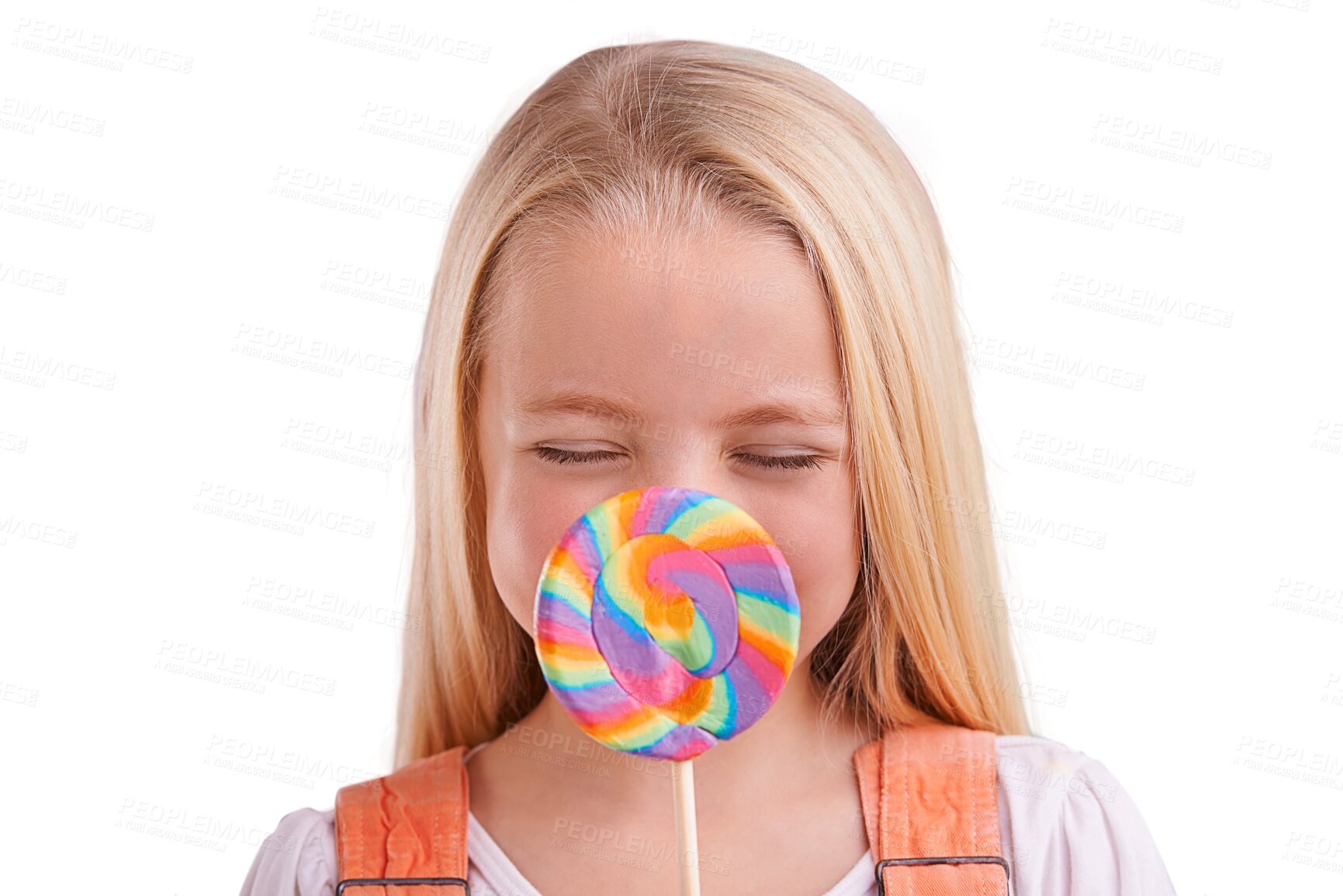 Buy stock photo Isolated girl child, lollipop and eyes closed for memory, sweets or cover lips by transparent png background. Kid, candy or dessert with rainbow color snack for smile, fashion and thinking with ideas
