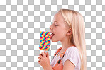 Isolated girl child, lollipop and lick in profile for eating, sweets or thinking by transparent png background. Kid, candy and dessert with rainbow color, snack and idea with fashion, taste or tongue