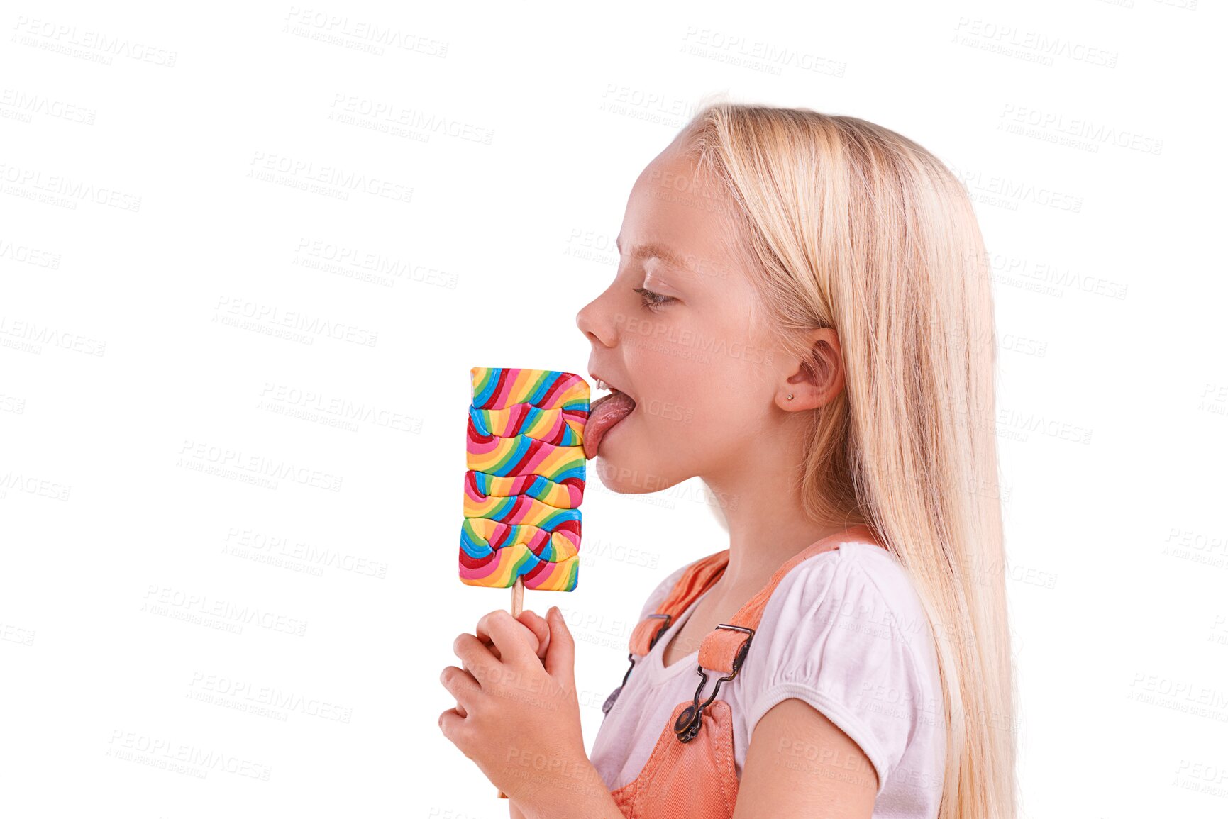 Buy stock photo Isolated girl child, lollipop and lick in profile for eating, sweets or thinking by transparent png background. Kid, candy and dessert with rainbow color, snack and idea with fashion, taste or tongue