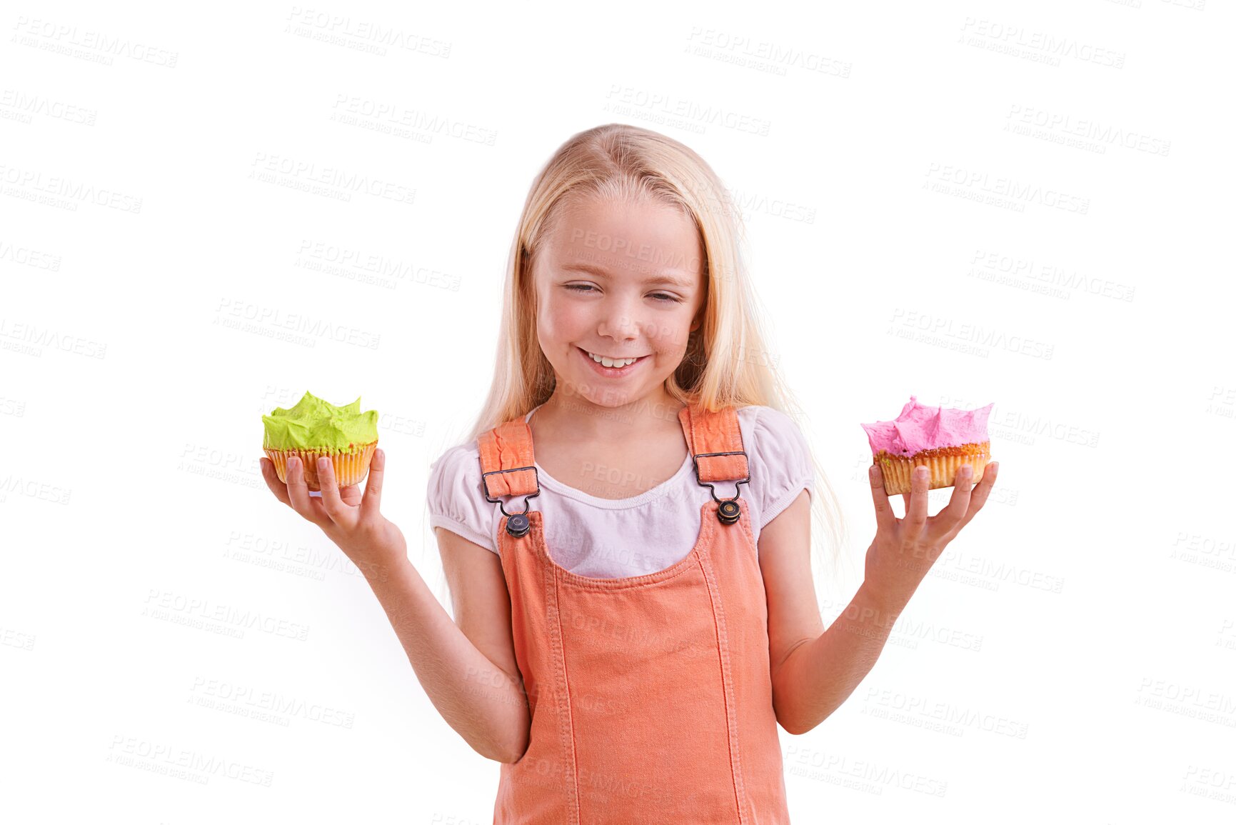 Buy stock photo Isolated girl child, cupcake and smile with choice, thinking and color by transparent png background. Kid, cake and dessert with choice, green and pink icing with food, sweets or frosting for eating