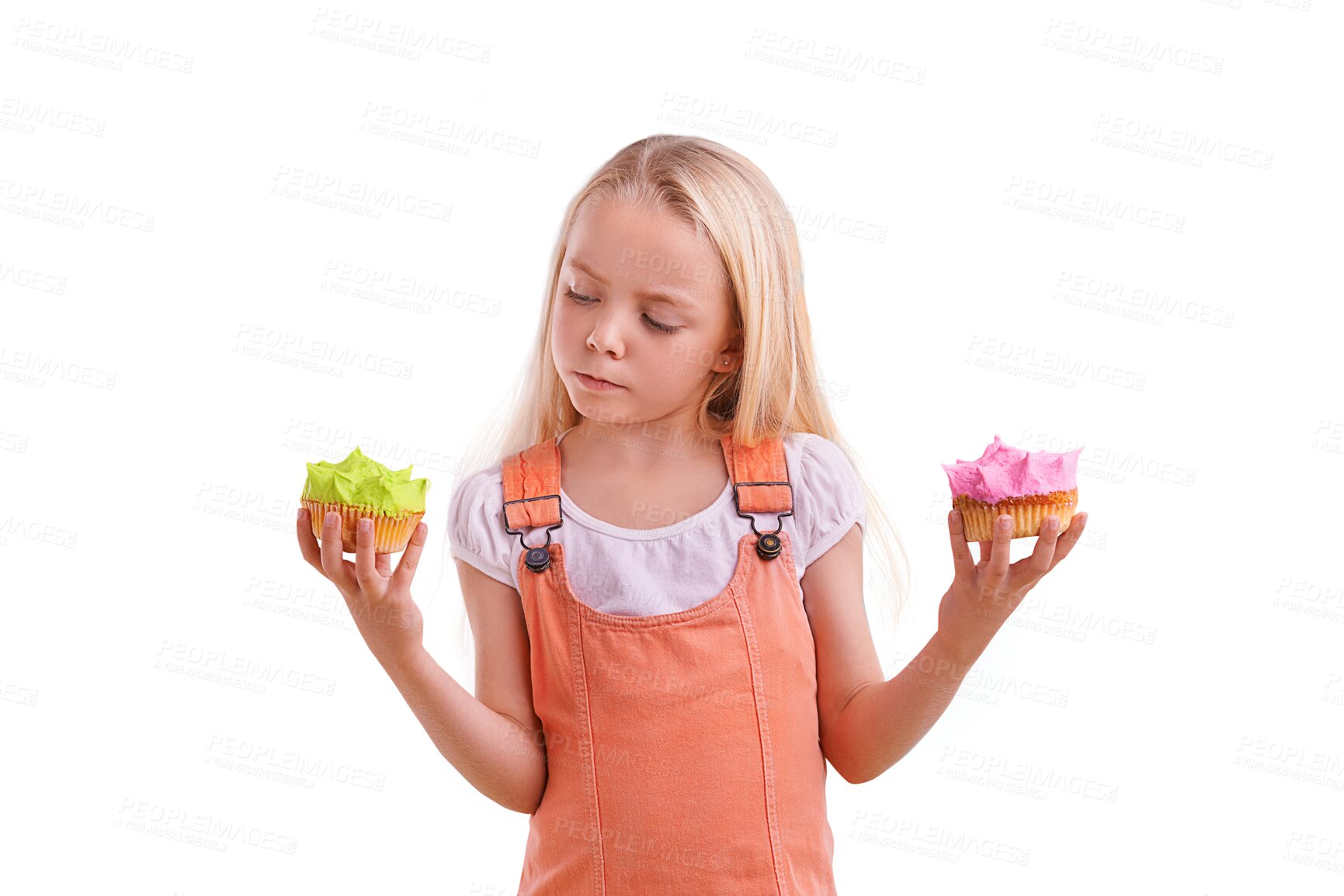 Buy stock photo Isolated girl child, cupcake and choice with thinking, ideas and color by transparent png background. Kid, cake or dessert with decision, green or pink icing with food, sweets or frosting for eating