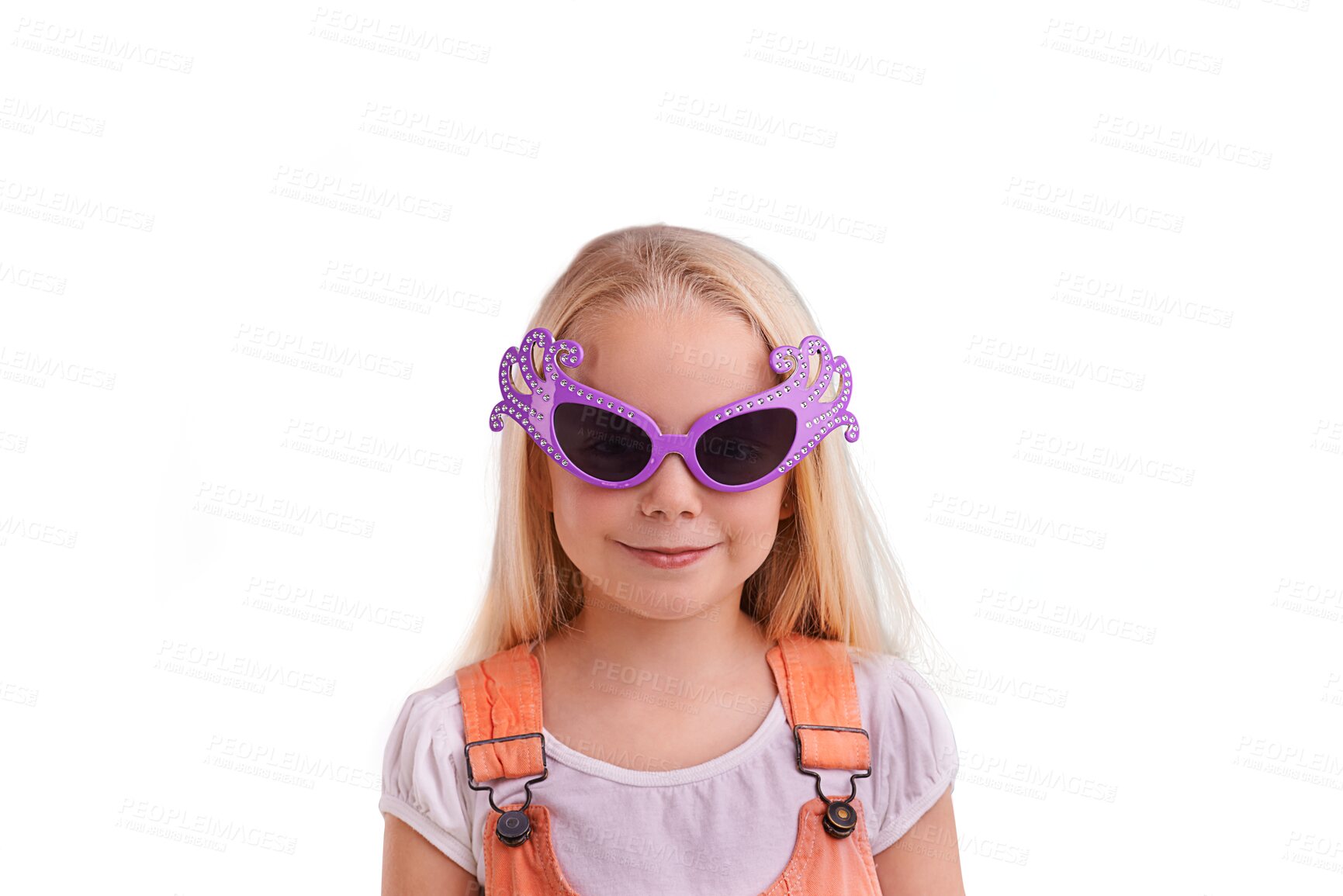 Buy stock photo Funky sunglasses, young child and fashion with kids fashion and clothing with smile. Happy, silly glasses and youth style of a girl with funny accessory isolated on a transparent, png background