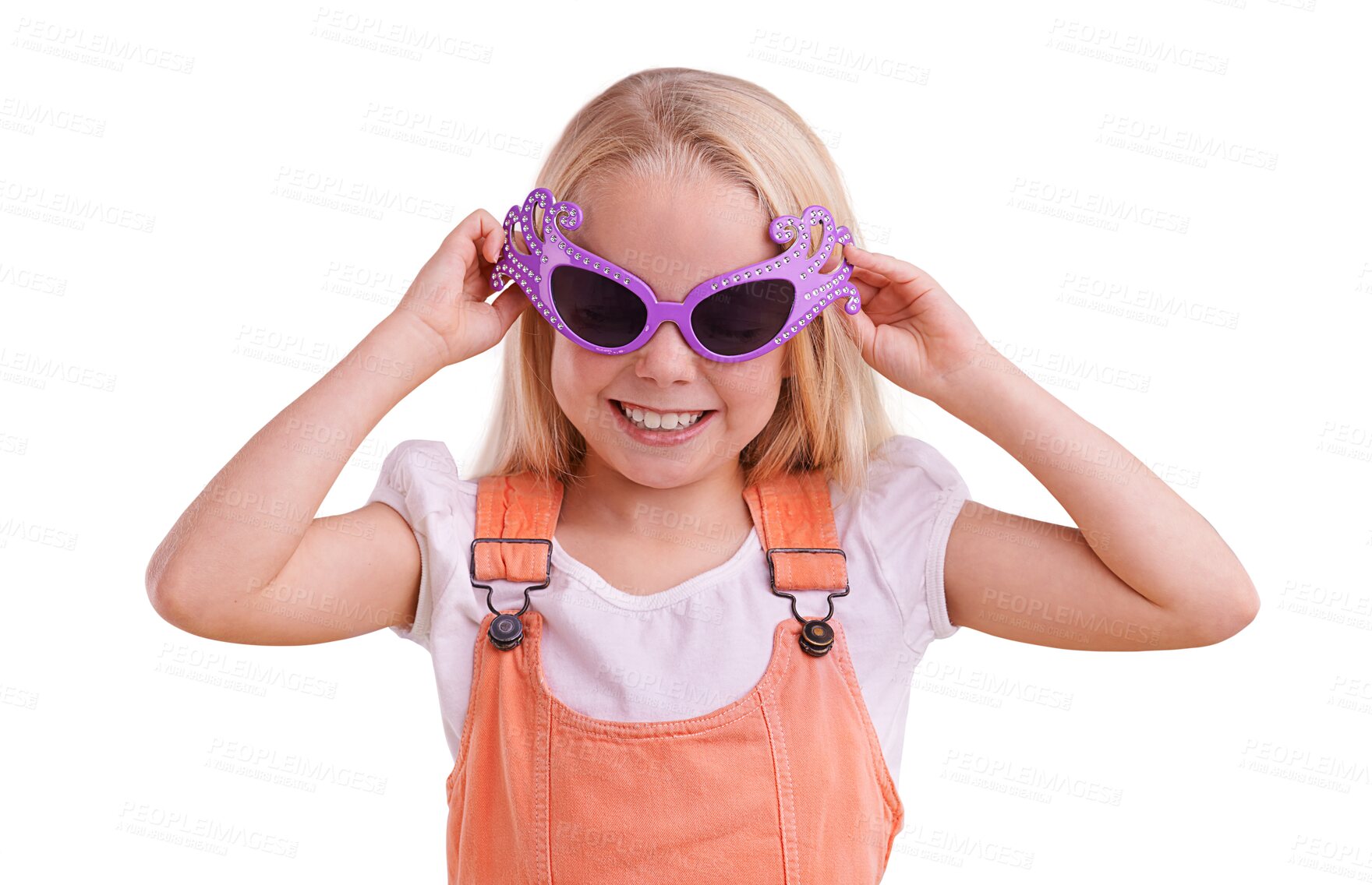 Buy stock photo Happy, child and silly sunglasses with smile and party accessory with youth and crazy eyeglasses. Sweet, comedy and young girl isolated on a transparent, png background with funny glasses and cute