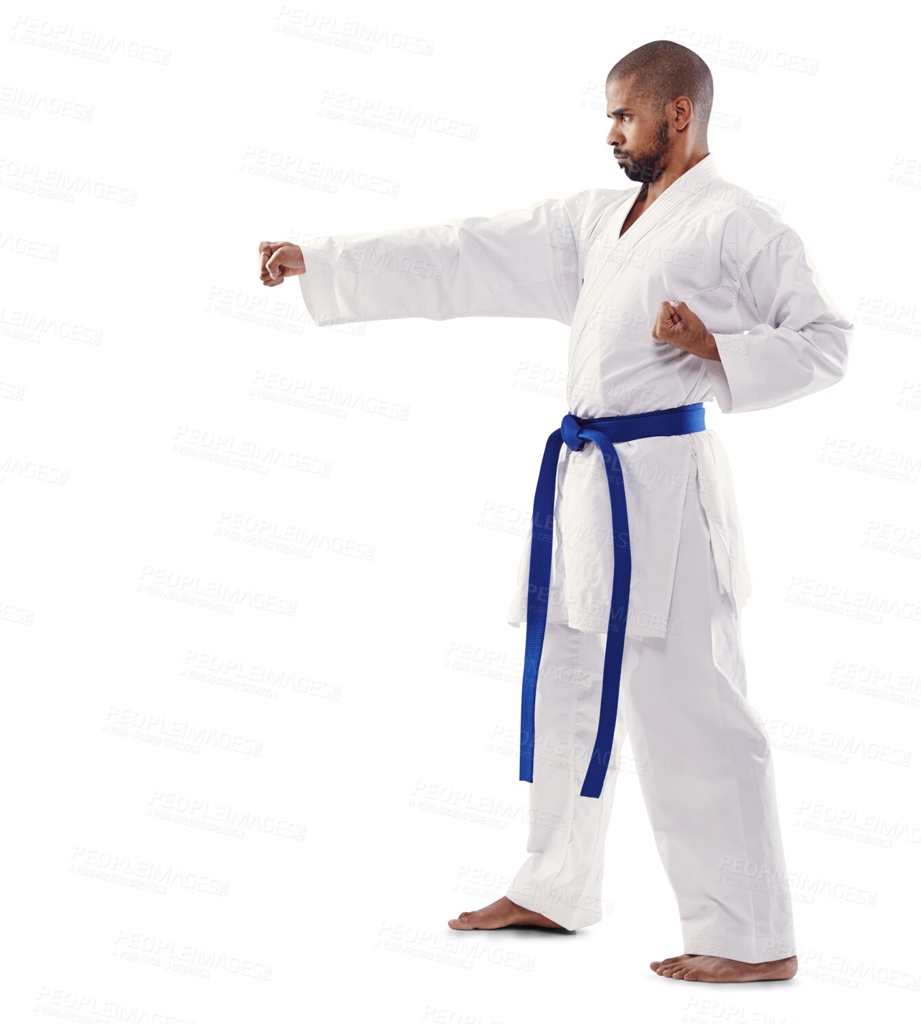 Buy stock photo Man, karate and fist with blue belt for martial arts or self defense training isolated on a transparent PNG background. Profile of male person or fighter in pose or stance for punch or taekwondo