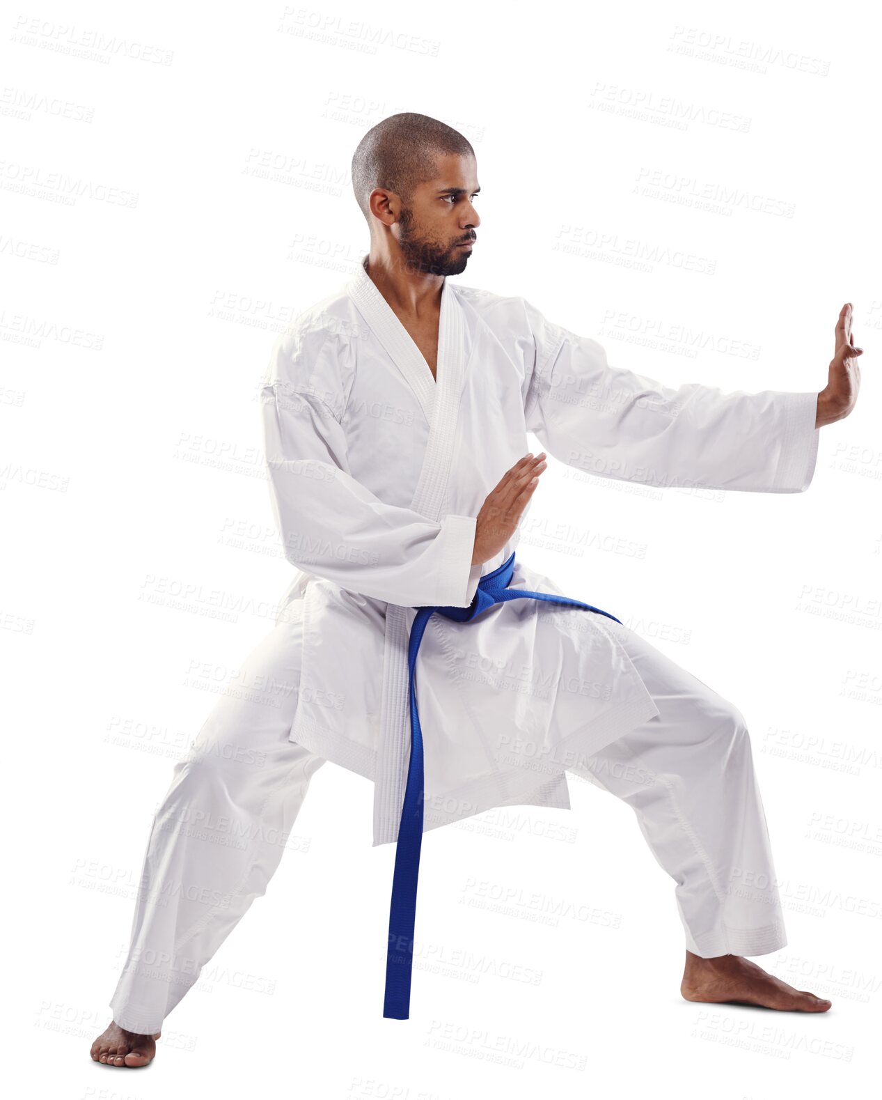 Buy stock photo Man, karate and palm with blue belt for martial arts or self defense training isolated on a transparent PNG background. Profile of male person or fighter in pose, stance or technique for taekwondo