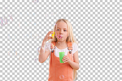 Buy stock photo Bubble, fun and young girl with casual clothing and fashion with play and kid blowing liquid. Child, style and female youth isolated on a transparent, png background happy from playful and kids toy