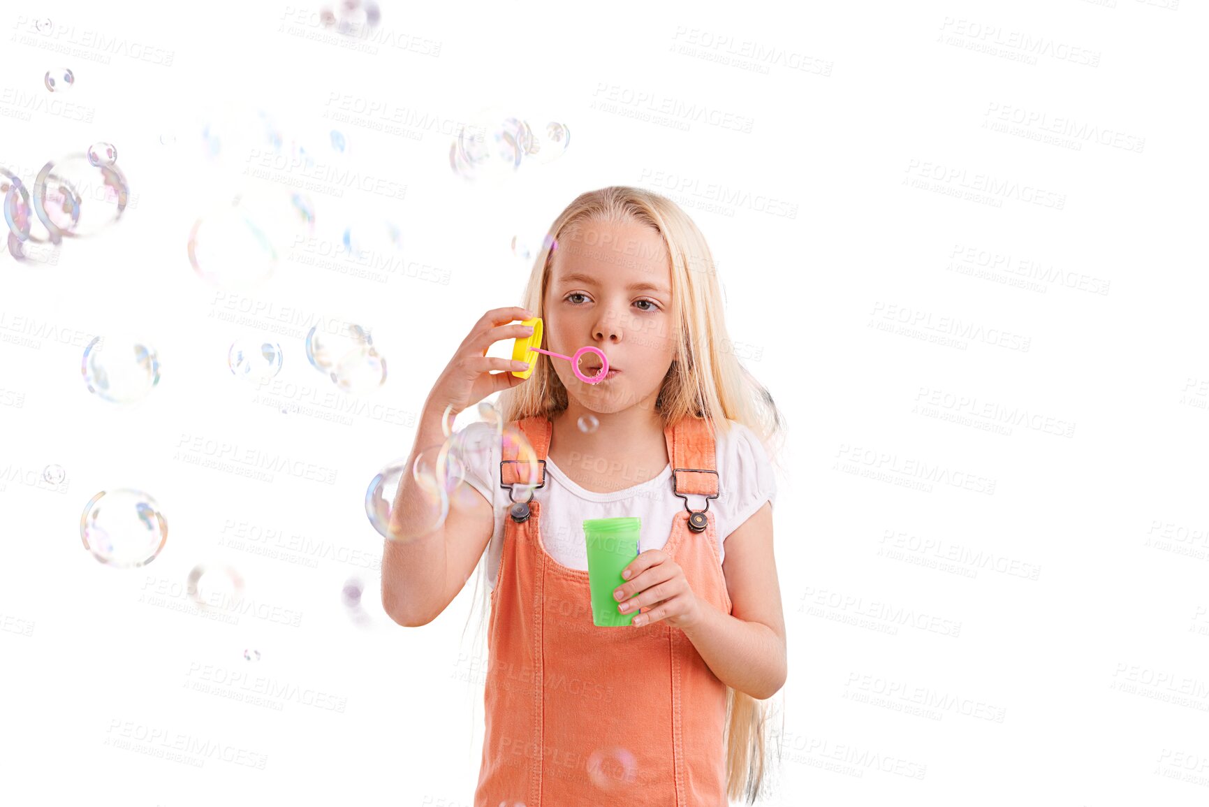 Buy stock photo Bubble, fun and young girl with casual clothing and fashion with play and kid blowing liquid. Child, style and female youth isolated on a transparent, png background happy from playful and kids toy