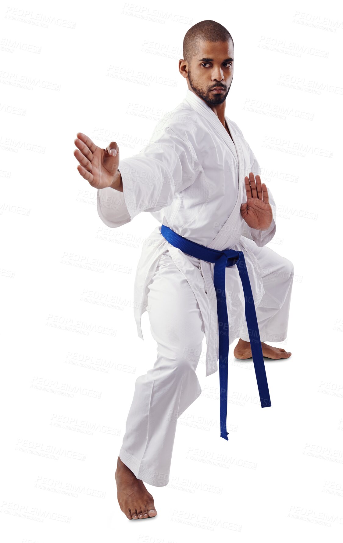 Buy stock photo Man, karate and martial arts for self defense training with blue belt isolated on a transparent PNG background. Serious male person or fighter in pose, fighting style or technique for taekwondo