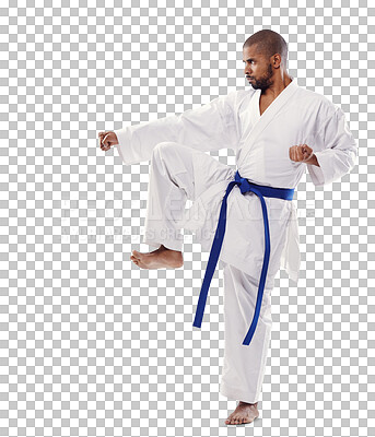 Buy stock photo Man, karate and fist in martial arts or self defense training with blue belt isolated on a transparent PNG background. Profile of male person or fighter in pose, stance or technique for taekwondo