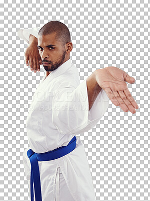 Buy stock photo Man, karate and portrait in martial arts or self defense training isolated on a transparent PNG background. Serious male person or fighter with palm in pose or technique with blue belt for taekwondo