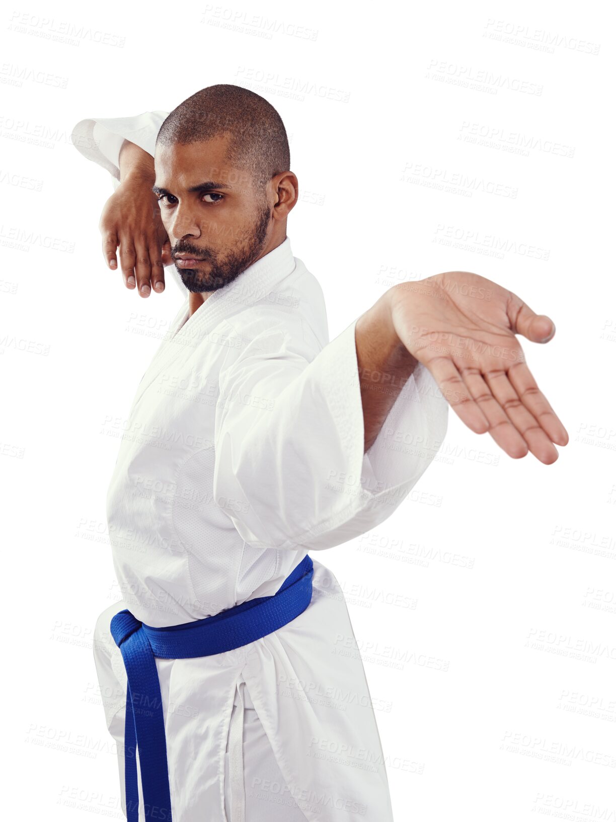 Buy stock photo Man, karate and portrait in martial arts or self defense training isolated on a transparent PNG background. Serious male person or fighter with palm in pose or technique with blue belt for taekwondo