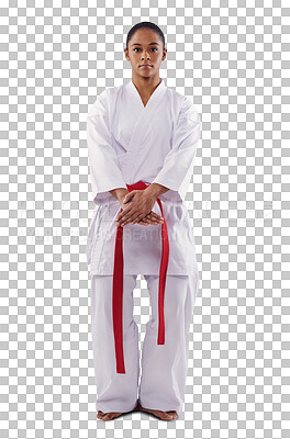 Buy stock photo Karate, woman and portrait with defence, fitness and exercise training to fight with health. Wellness, female person and athlete with fighter uniform isolated on a transparent, png background