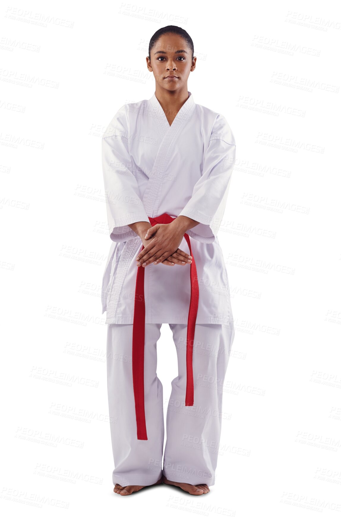 Buy stock photo Karate, woman and portrait with defence, fitness and exercise training to fight with health. Wellness, female person and athlete with fighter uniform isolated on a transparent, png background