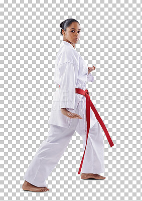 Buy stock photo Woman, karate and martial arts training for fight, uniform and fighting, recreation and isolated on png background. Professional, exercise and strong for sports, technique and female defense athlete