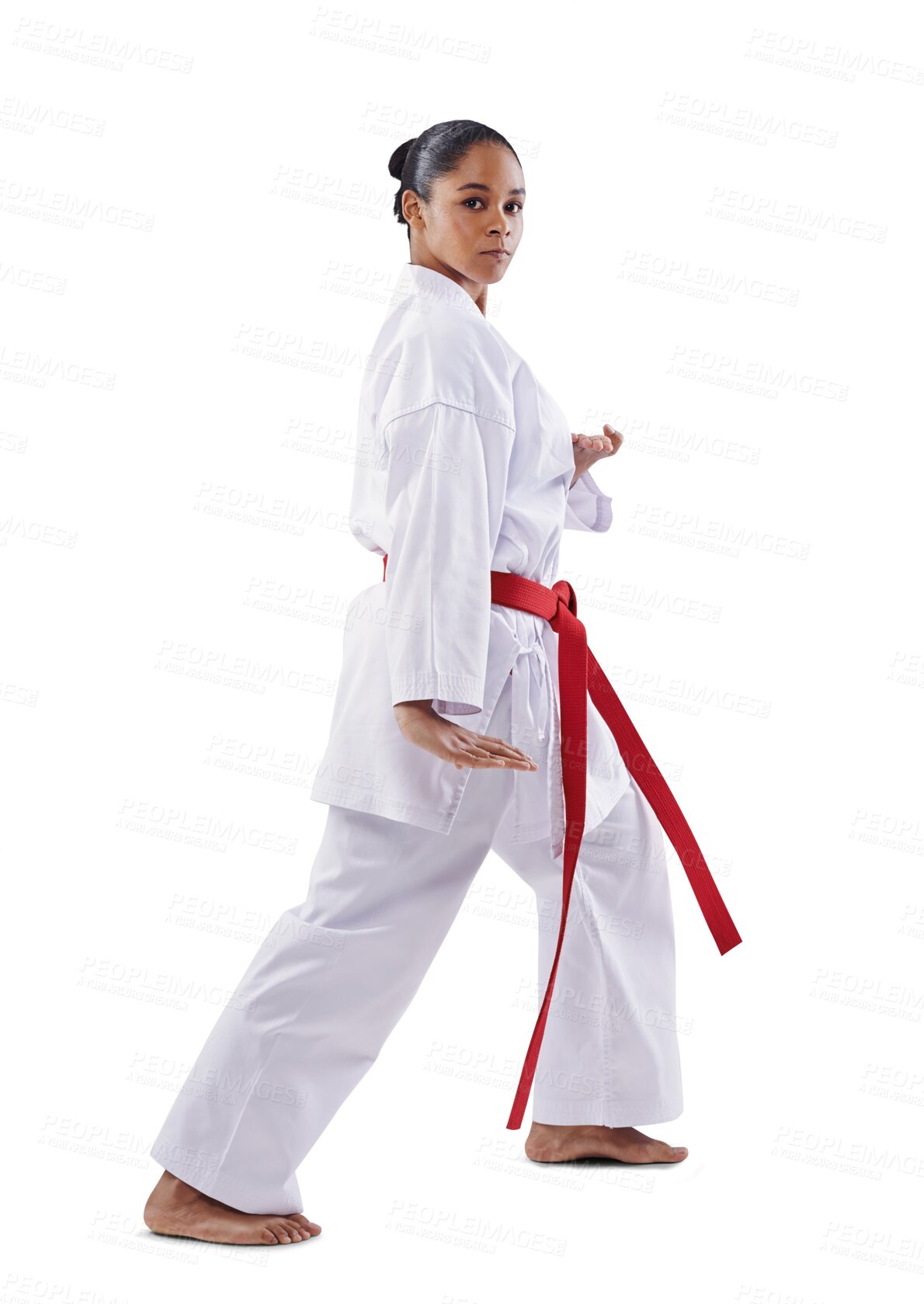 Buy stock photo Woman, karate and martial arts training for fight, uniform and fighting, recreation and isolated on png background. Professional, exercise and strong for sports, technique and female defense athlete