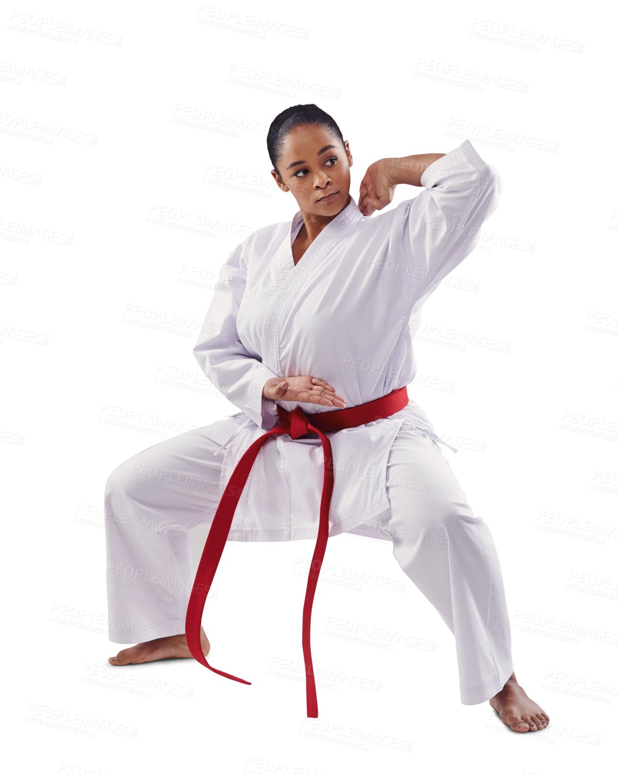 Buy stock photo Woman, karate and squat for martial arts, taekwondo and defense for fighting and isolated on png background. Professional, exercise and strong for fitness, technique and fighter female athlete