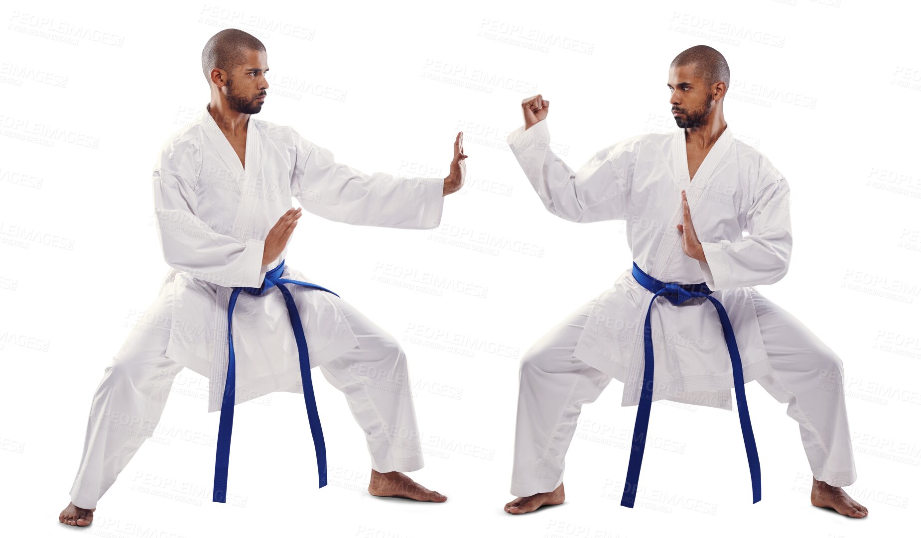 Buy stock photo Man, karate and face off in martial arts or self defense training with blue belt isolated on a transparent PNG background. Profile of male person or fighter in pose, style or technique for taekwondo