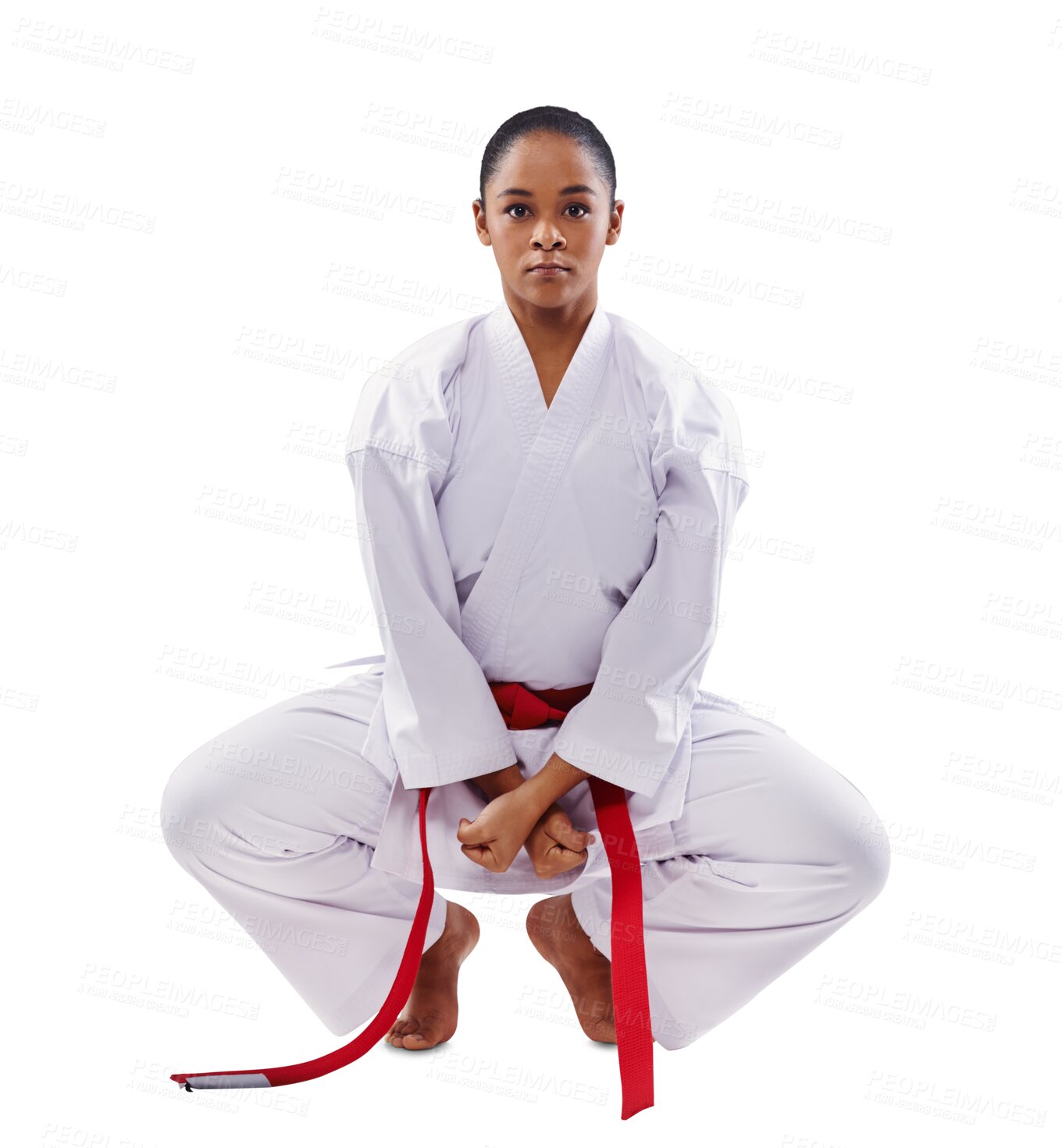 Buy stock photo Woman, karate and training for martial arts, fighter and uniform for fighting, recreation and isolated on png background. Professional, exercise and strong for sports, technique or female athlete