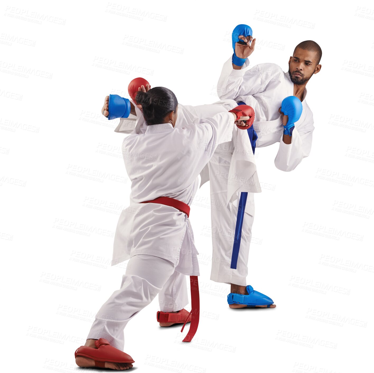 Buy stock photo Karate, training or fighting with a sensei and student isolated on a transparent background for self defense. Fitness, sports or combat with a man coach and woman on PNG for a workout together