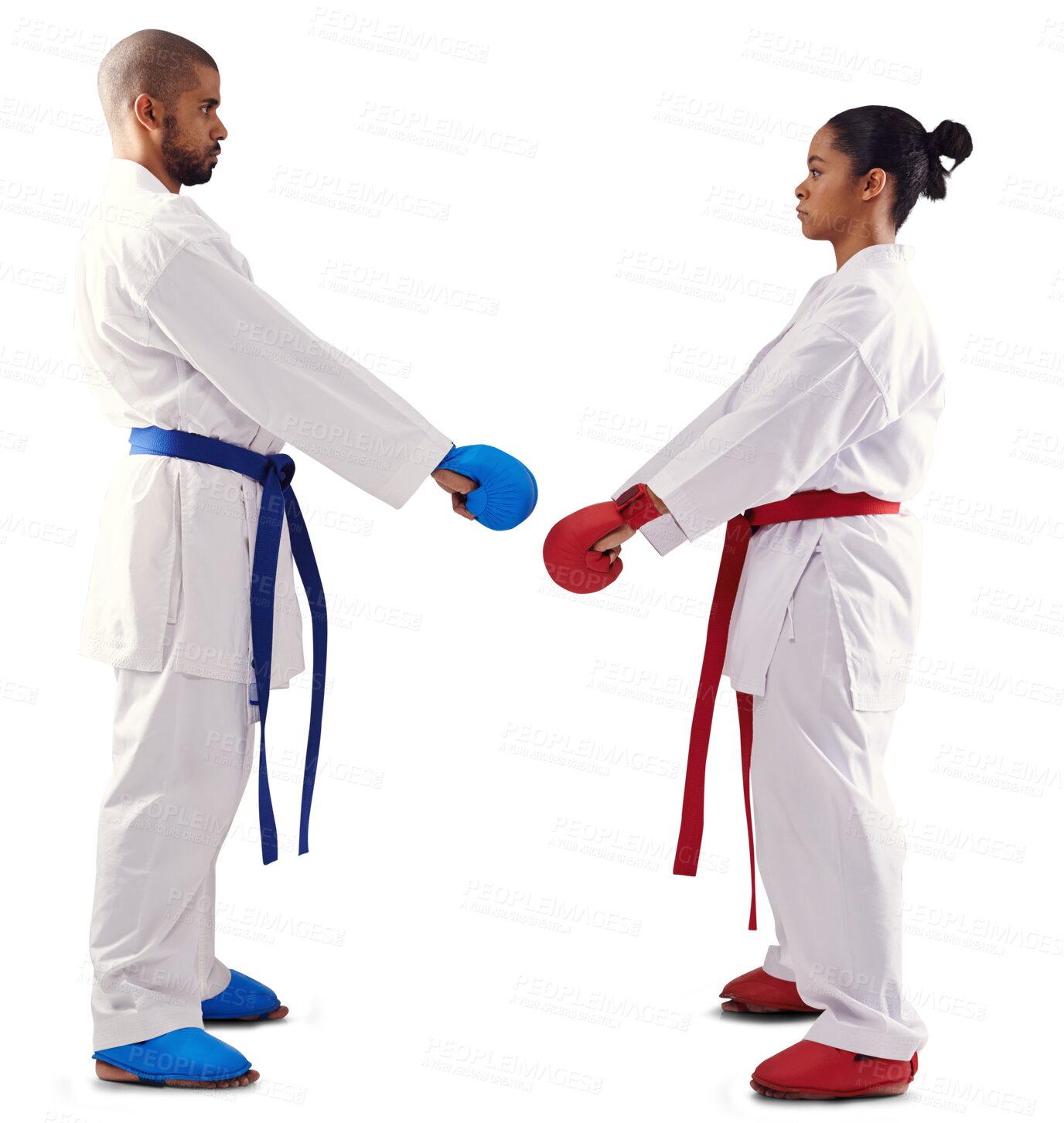 Buy stock photo Karate, boxing match and profile with defence, fitness and exercise training to fight with health. Sport, person and athlete competition with fighter uniform isolated on a transparent, png background