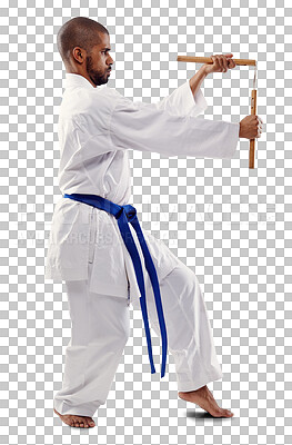 Buy stock photo Karate, sports and a man training with nunchucks isolated on a transparent background for self defense. Fitness, weapon or equipment with a young athlete on PNG to practice for a combat competition