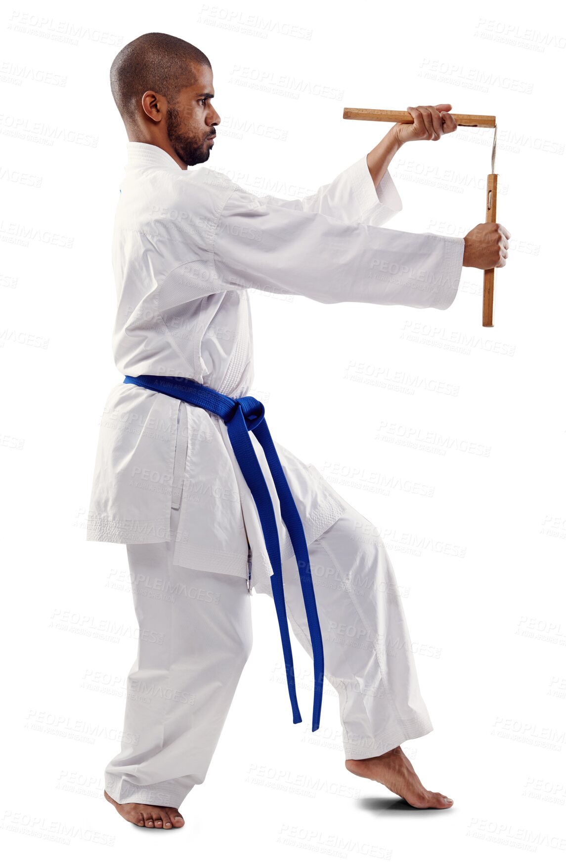 Buy stock photo Karate, sports and a man training with nunchucks isolated on a transparent background for self defense. Fitness, weapon or equipment with a young athlete on PNG to practice for a combat competition