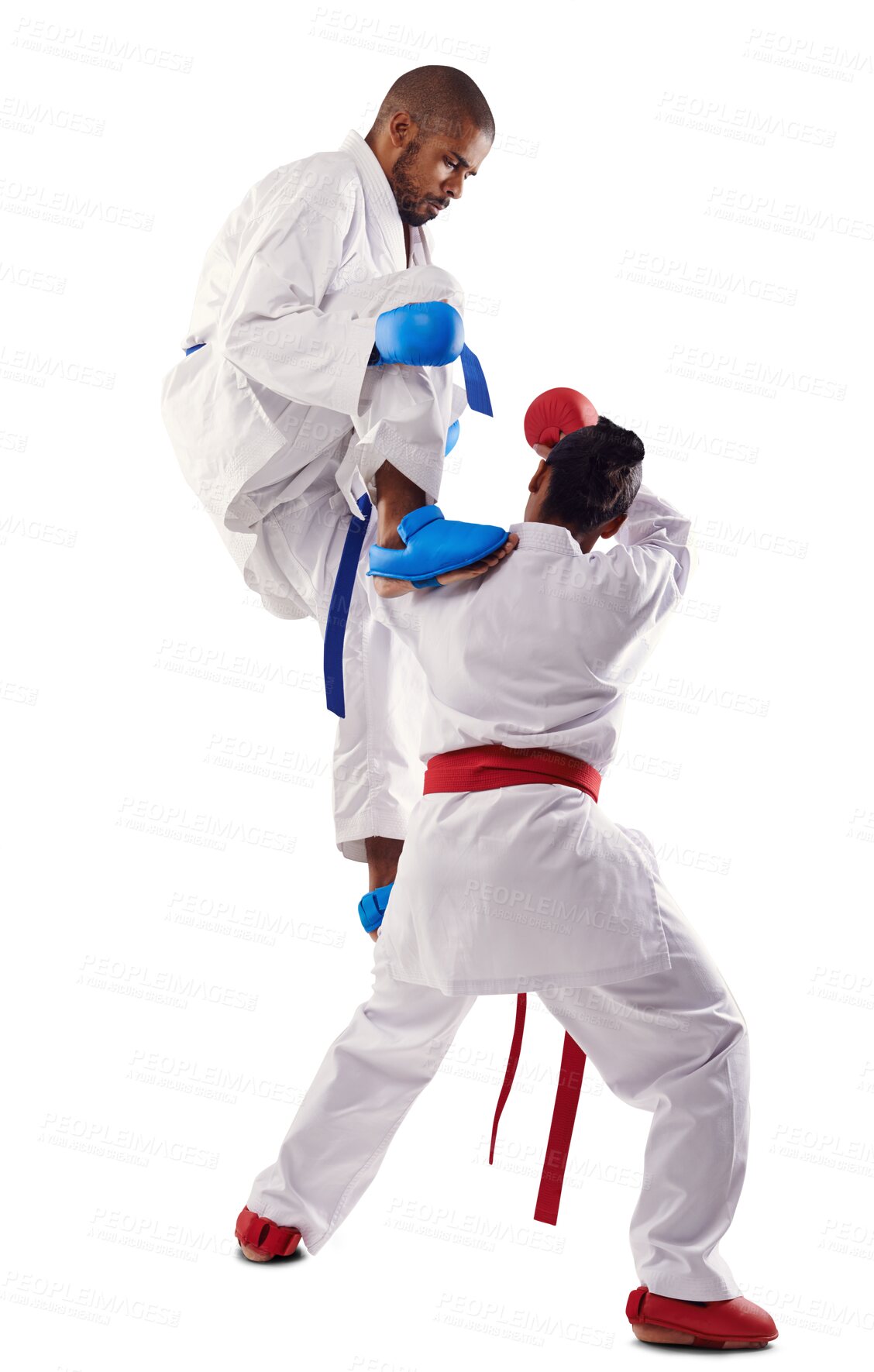 Buy stock photo Karate trick, martial arts fight and sport with training, defence and fighter for cardio competition. Exercise, skill fitness and athlete uniform with workout isolated on transparent, png background