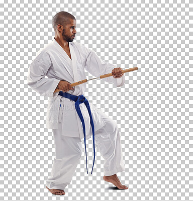 Buy stock photo Karate, exercise and a man training with nunchucks isolated on a transparent background for self defense. Fitness, sports or weapon with a young athlete on PNG to practice for a combat competition