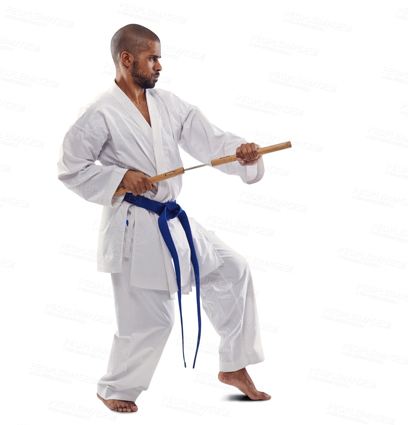 Buy stock photo Karate, exercise and a man training with nunchucks isolated on a transparent background for self defense. Fitness, sports or weapon with a young athlete on PNG to practice for a combat competition