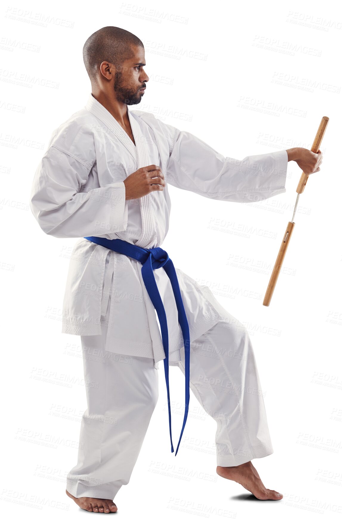 Buy stock photo Karate, fitness and a man training with nunchucks isolated on a transparent background for self defense. Sports, weapon or equipment with a young athlete on PNG to practice for a combat competition