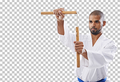 Buy stock photo Karate, discipline and a man training with nunchucks isolated on a transparent background for self defense. Fitness, sports or weapon with a young athlete on PNG to practice for a combat competition