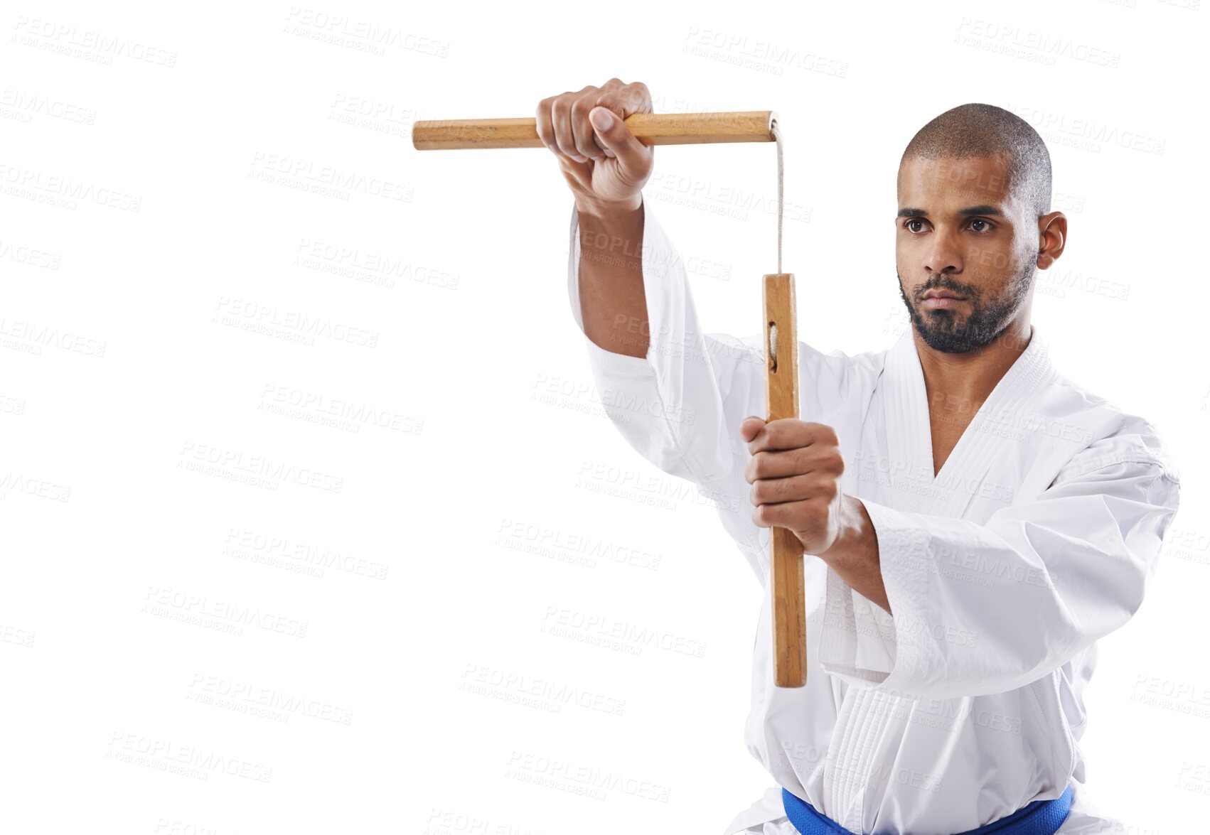 Buy stock photo Karate, discipline and a man training with nunchucks isolated on a transparent background for self defense. Fitness, sports or weapon with a young athlete on PNG to practice for a combat competition