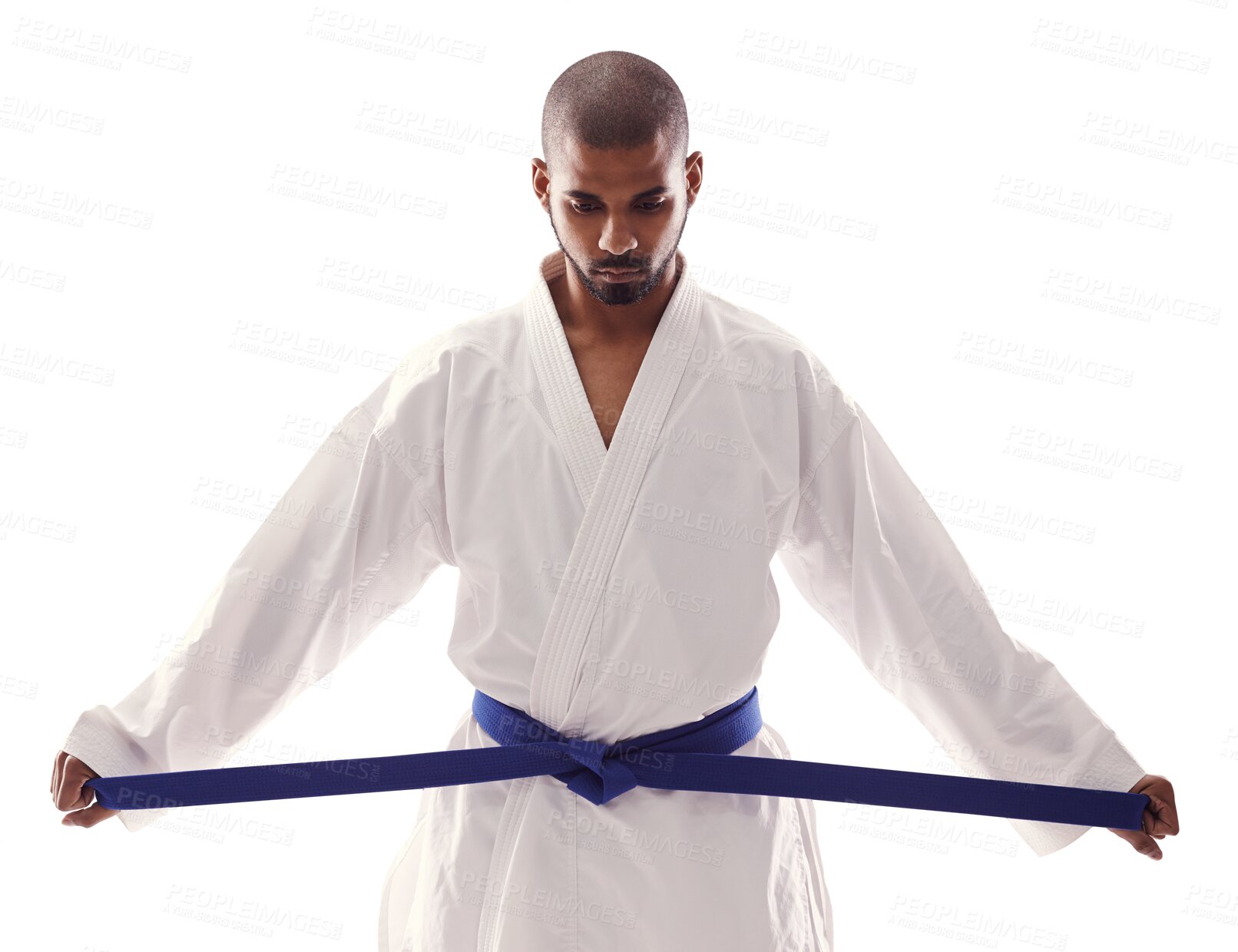 Buy stock photo Serious, tie and karate belt for fight, martial art and sport training with thinking and discipline. Exercise, fitness and workout and fighter with athlete isolated on a transparent, png background