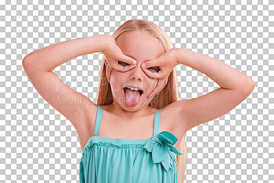 Buy stock photo Portrait, silly glasses and hand gesture of girl with modern fashion and clothing with confidence. Young kid, youth tongue out and child from Sweden with joy isolated on a transparent, png background