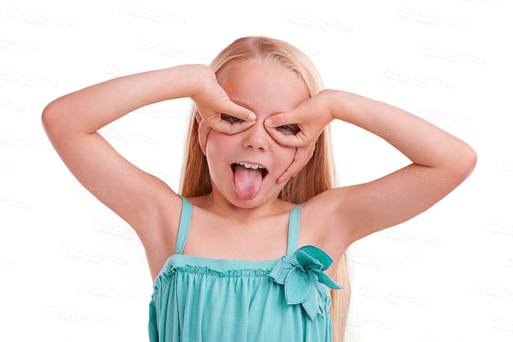 Buy stock photo Portrait, silly glasses and hand gesture of girl with modern fashion and clothing with confidence. Young kid, youth tongue out and child from Sweden with joy isolated on a transparent, png background