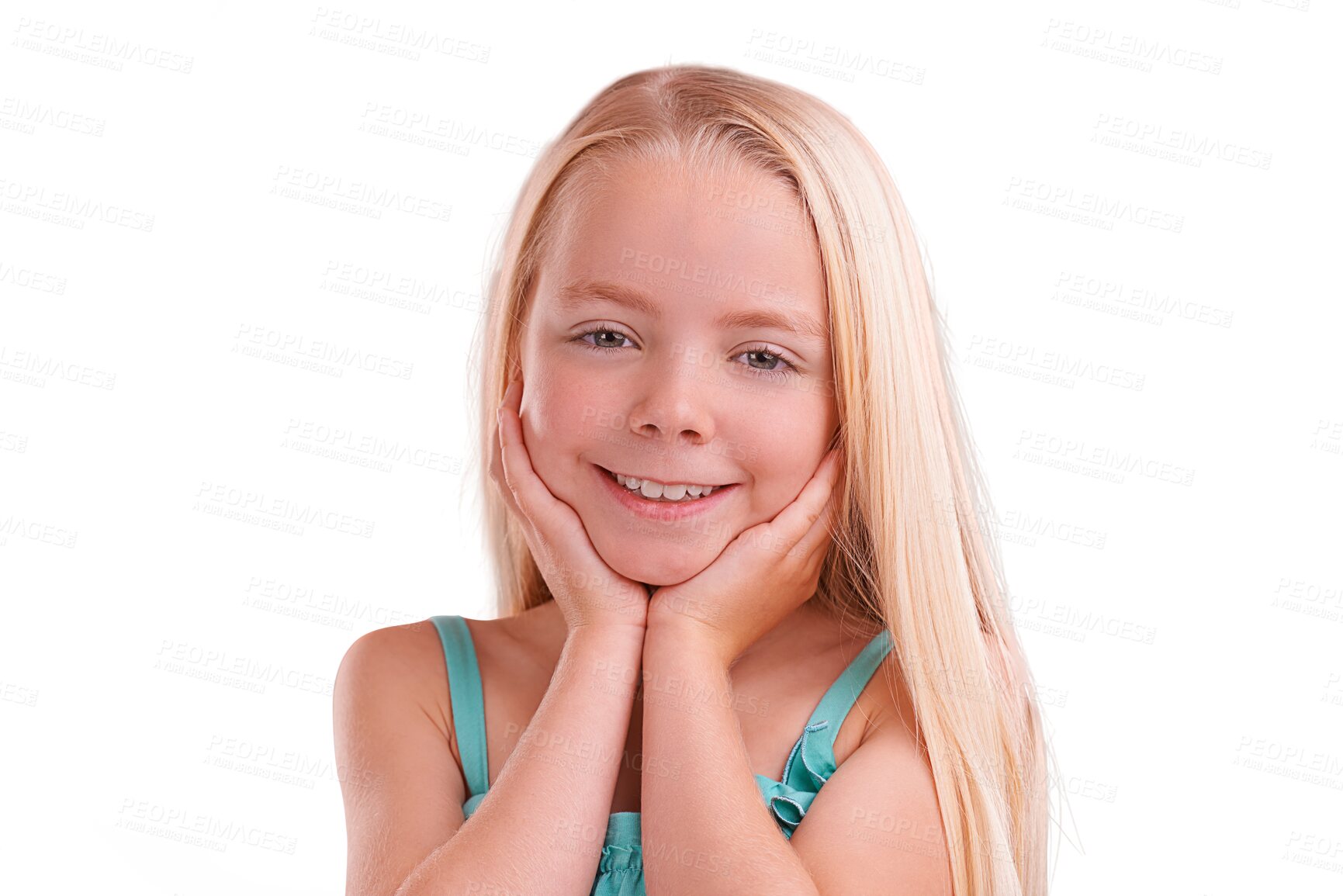 Buy stock photo Portrait, cute smile and happy girl with modern fashion and kids clothing with confidence. Young kid, youth clothes and child from Sweden with joy and dress isolated on a transparent, png background