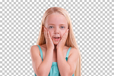 Buy stock photo Gossip, news and girl child with hands on face on isolated, transparent or png background. Wow, secret and kid model with emoji shock for drama, story or announcement promo or coming soon giveaway