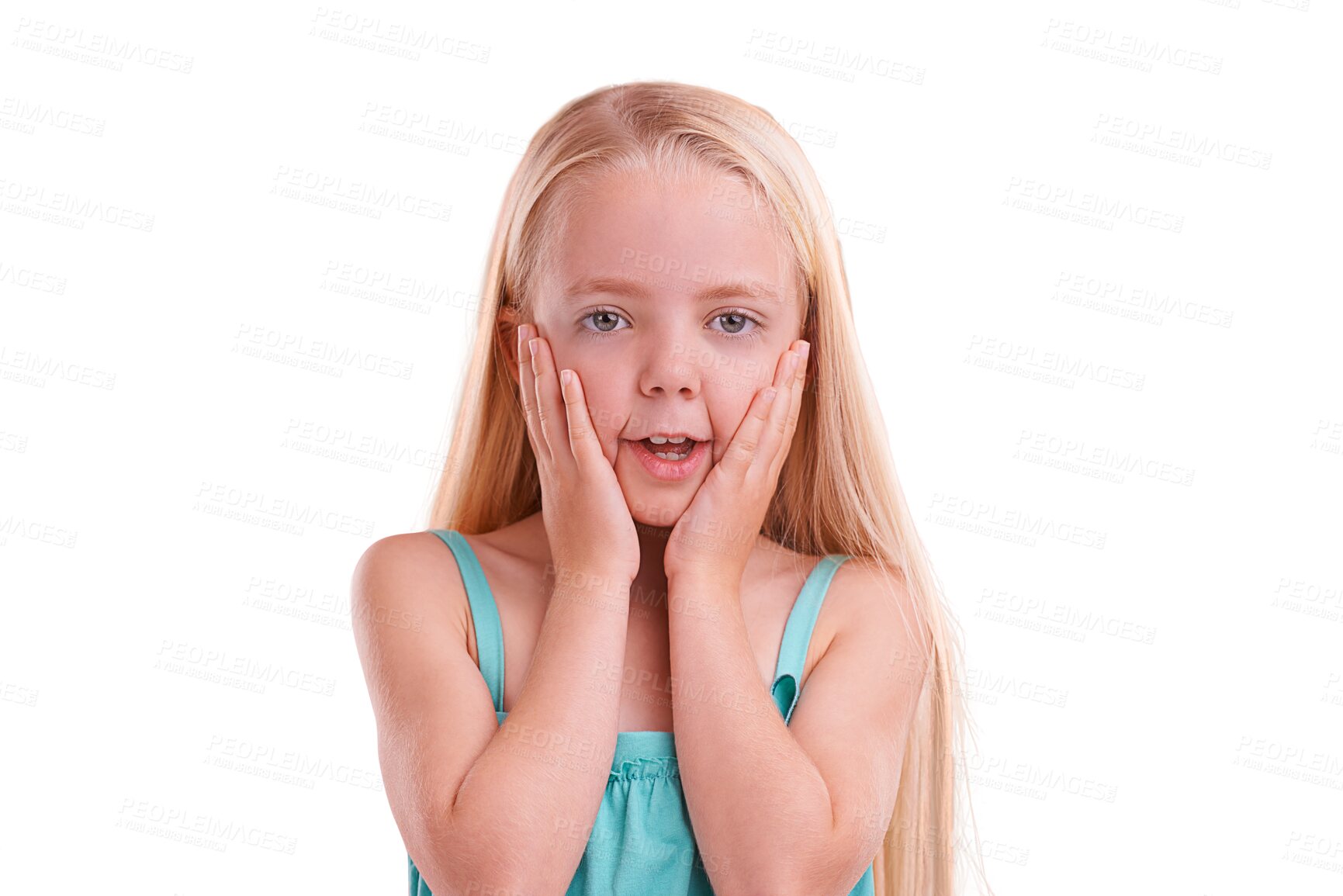 Buy stock photo Gossip, news and girl child with hands on face on isolated, transparent or png background. Wow, secret and kid model with emoji shock for drama, story or announcement promo or coming soon giveaway