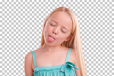 Buy stock photo Calm, tongue out and happy girl with modern fashion and kids clothing with confidence. Young kid, youth clothes and child from Sweden with joy and dress isolated on a transparent, png background